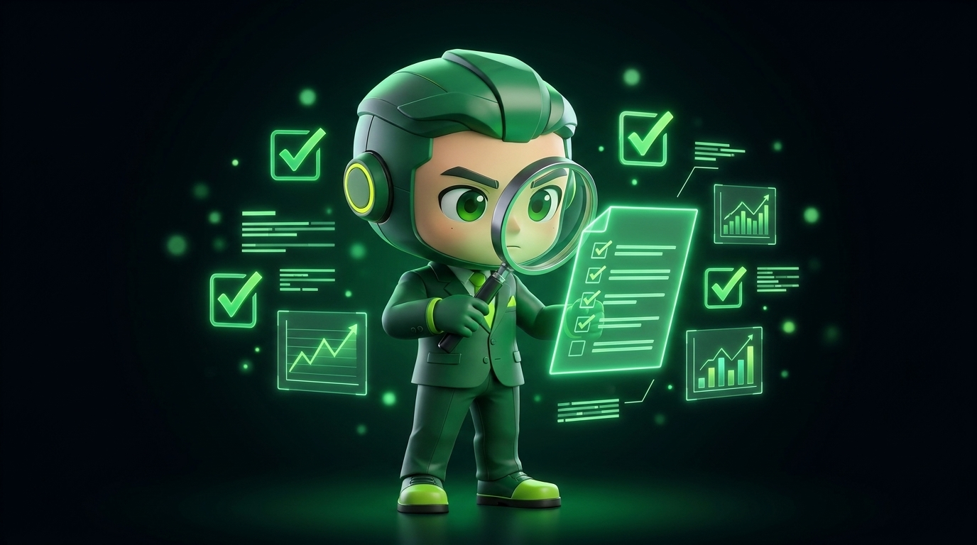Fewpips mascot inspecting a checklist with a magnifying glass