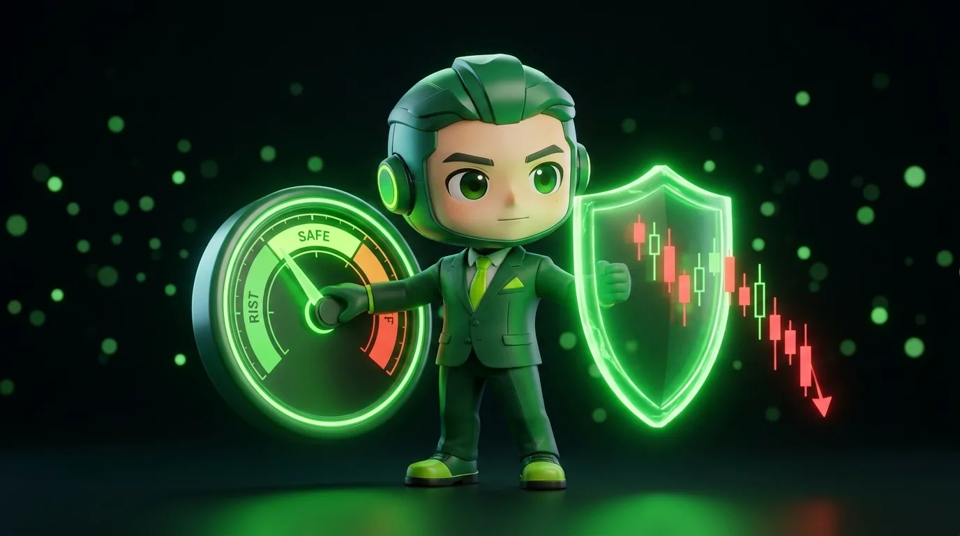 Fewpips mascot adjusting a green risk gauge with a shield